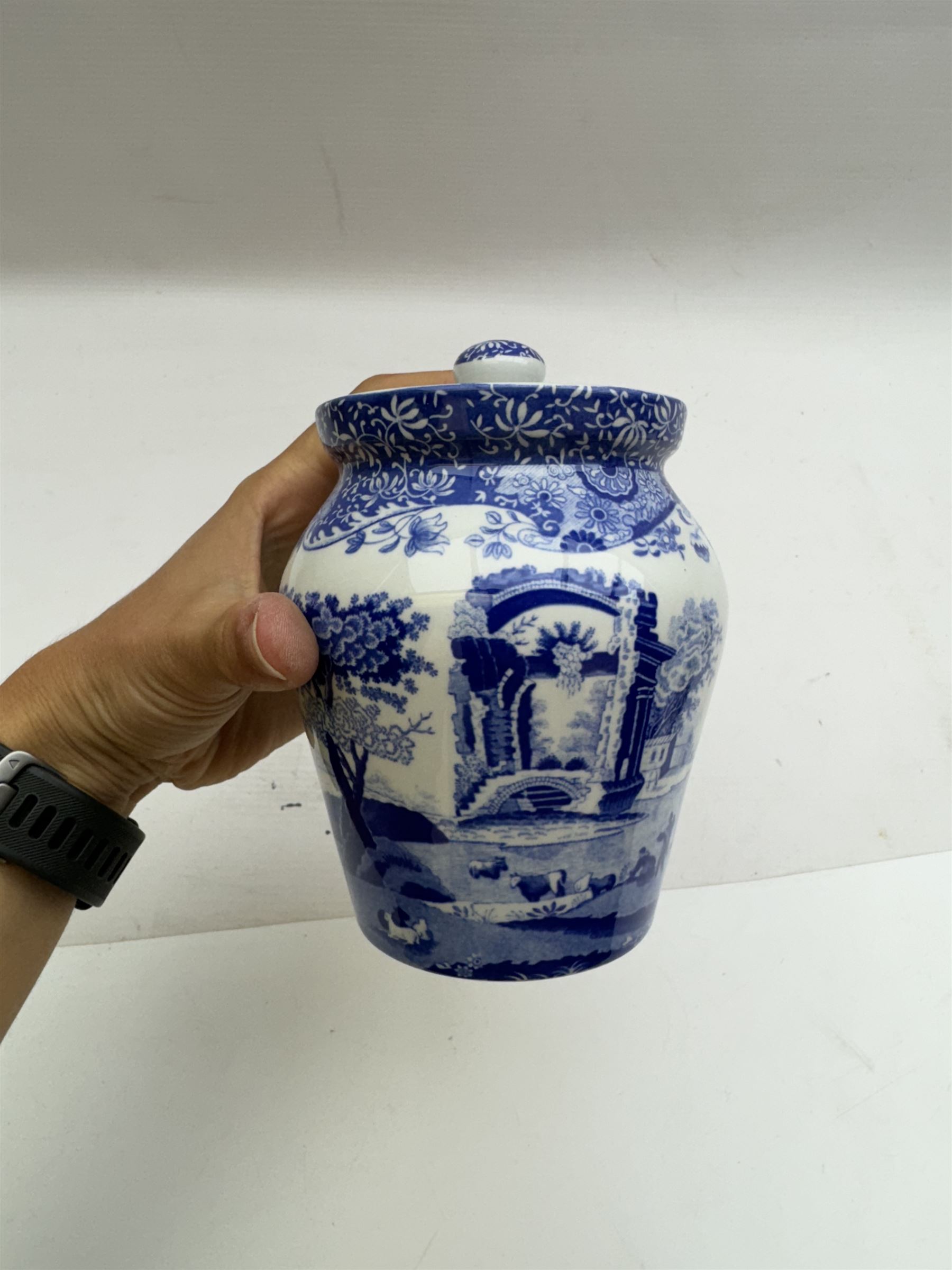 Wedgwood Jasperware stepped bowl, together with covered trinket box, vase and trinket dish, together with two Spode Italian pattern jars and dish