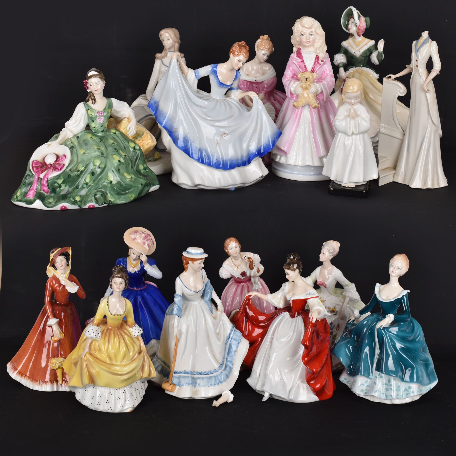 Fourteen Royal Doulton figures, including Sara HN2265, Summertime HN3137, Coralie HN2307, Janine HN2461  