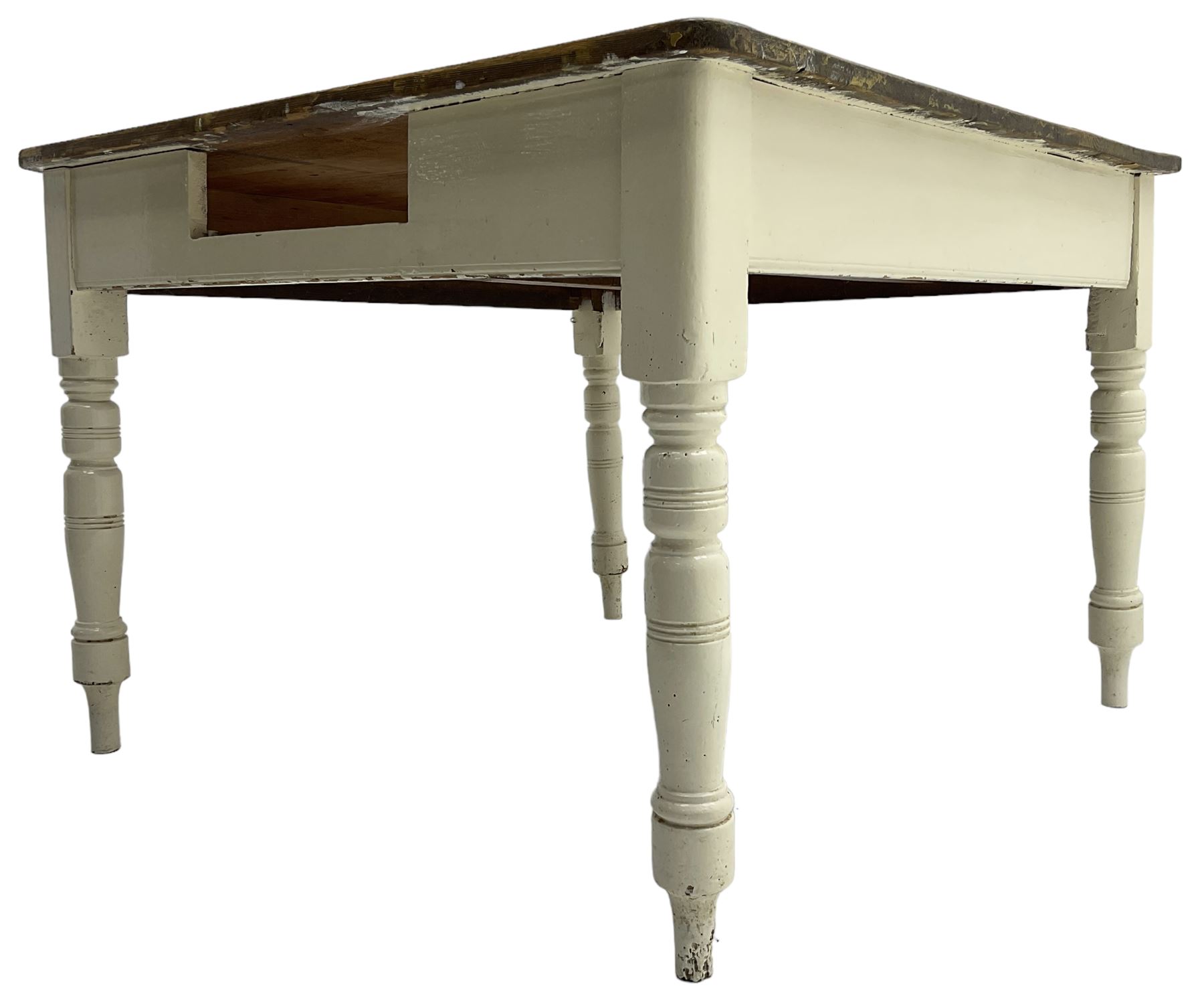 Victorian painted pine kitchen table, polished top on painted base, turned supports