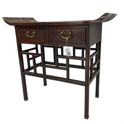 Chinese design bamboo and wood altar side table, parquetry lattice-work bamboo, fitted with two drawers over geometric rails