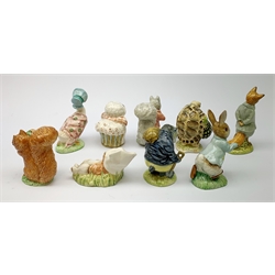 Five Beswick Beatrix Potter figurines, comprising Tommy Brock, Mrs Tiggy Winkle, Jemima Puddleduck, Foxy Whiskered Gentleman, and Squirrel Nutkin, together with four Royal Albert Beatrix Pottery figurines, Comprising Tommy Tiptoes, Benjamin Wakes Up, Peter Rabbit, and Mr Alderman Ptolemy. 