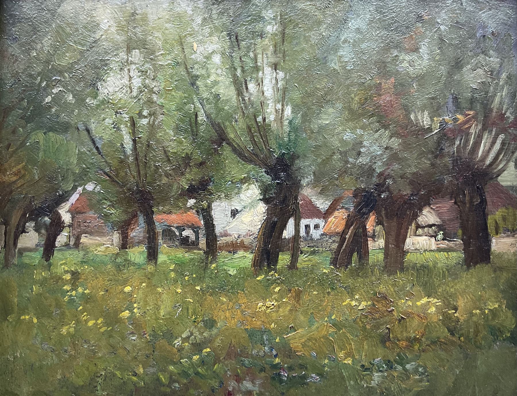 George Edmund Butler (British 1872-1936): Cottages through Trees, oil on board unsigned, attributed verso 26cm x 33cm