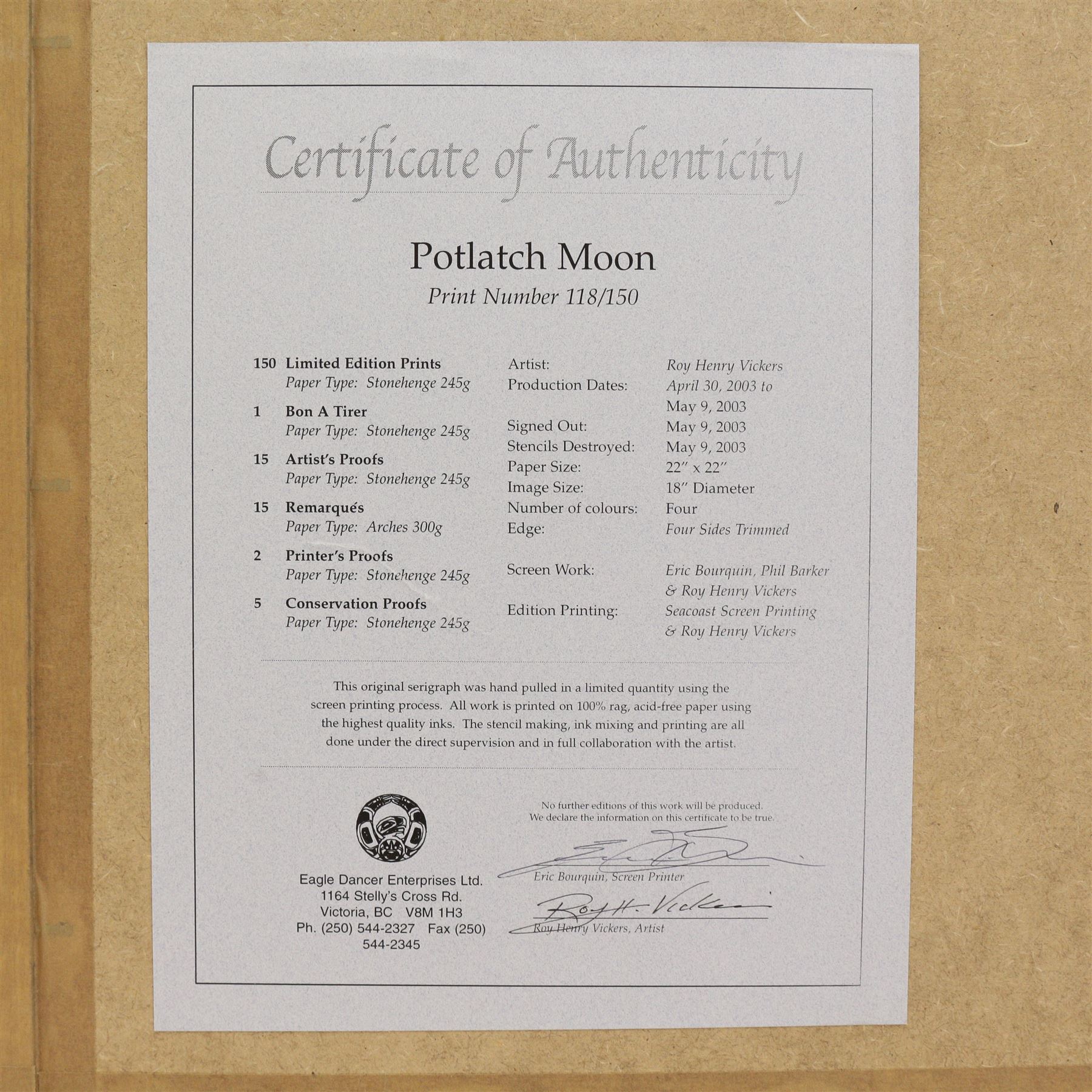 Roy Henry Vickers CM OBC (Canadian First Nations 1946-): 'Potlatch Moon', signed titled numbered 118/150 and dated 2003 in pencil, with COA verso, 45cm diameter