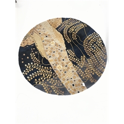 Circular Art Deco style blue and beige ground rug, D174cm