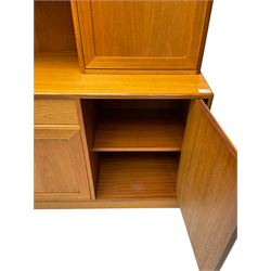 G-Plan - teak wall unit, raised display cabinet with shelves and fall front compartment, fitted with drawer, double cupboard and single cupboard below