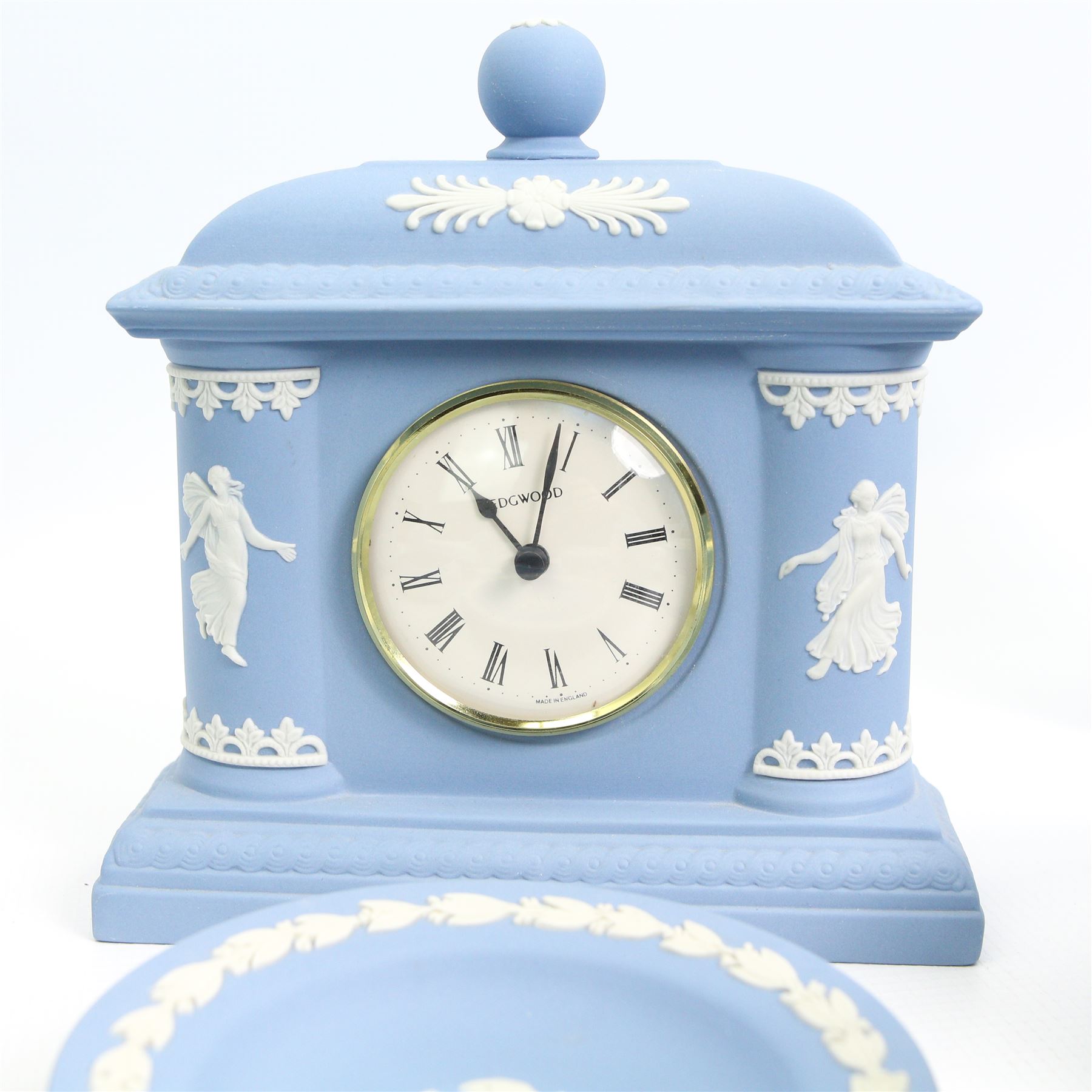 Wedgwood Jasperware mantle clock, lidded jars and covers, commemorative plates, bell, vases etc 