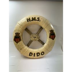 Late 19th/early 20th century ceremonial lifebuoy, from the Royal Navy light cruiser H.M.S Dido, the name painted in gilt lettering and with the ship's crest to either side, D74cm