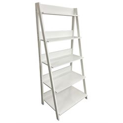 Contemporary white finish shelving unit, five graduating sloped shelves