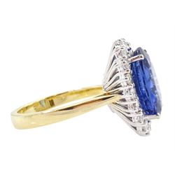 18ct gold oval cut unheated sapphire and round brilliant cut diamond ring, sapphire 7.46 carat, total diamond weight approx 0.70 carat, with Reunigem-Lab report