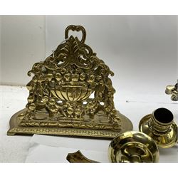 Brass letter rack, with two divisions, the pierced front and back modelled as a flowering urn hung with floral swags, H18cm, together with a pair of gilt metal extendable candle sconces, fully extended L50cm