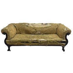 19th century mahogany settee, rolled S-scrolled arms carved with lion masks and acanthus leaf scrolls, the lower moulded rail carved with scrolling design, raised on carved paw feet with recessed brass and ceramic castors 