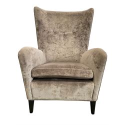 2 x Wing back armchair upholstered in silver crushed velvet fabric