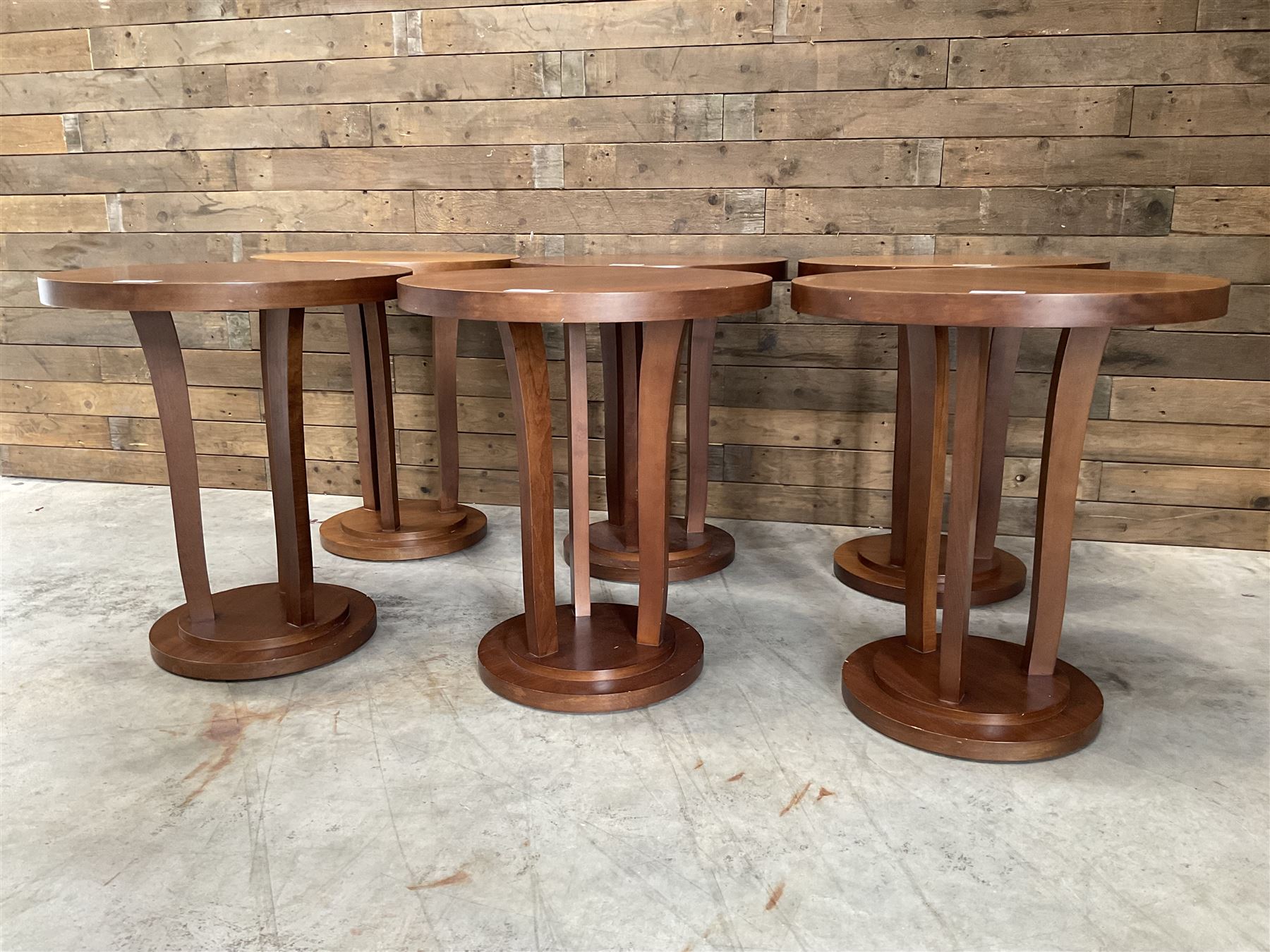 Six walnut circular bar or bedroom occasional tables