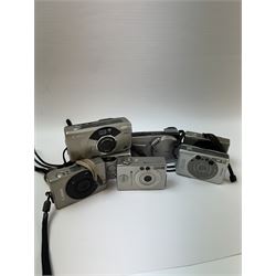 Eight Canon compact Ixus cameras, to include two Ixus examples serial nos. 2309147 & 2273184, Ixus M-1 serial no. 2932566, Ixus L-1 serial no. 2161988, Ixus Z90 serial no. 2201833,  Ixus X-1 serial no. 4704380, Z60IX serial no. 7474817, Ixus V2 serial no. 4431003237 and a Canon Powershot 350 digital camera serial no. H7MX00941