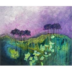 Ann Lamb (British 1955-): Purple Tree Line, mixed media on canvas signed 54cm x 65cm