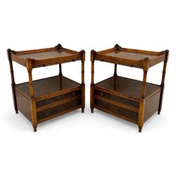 Wade - pair of Georgian design yew wood bedside or lamp tables, each with raised tray top over single shelf, the lower section fitted with two drawers with brass ring handles, raised on turned supports