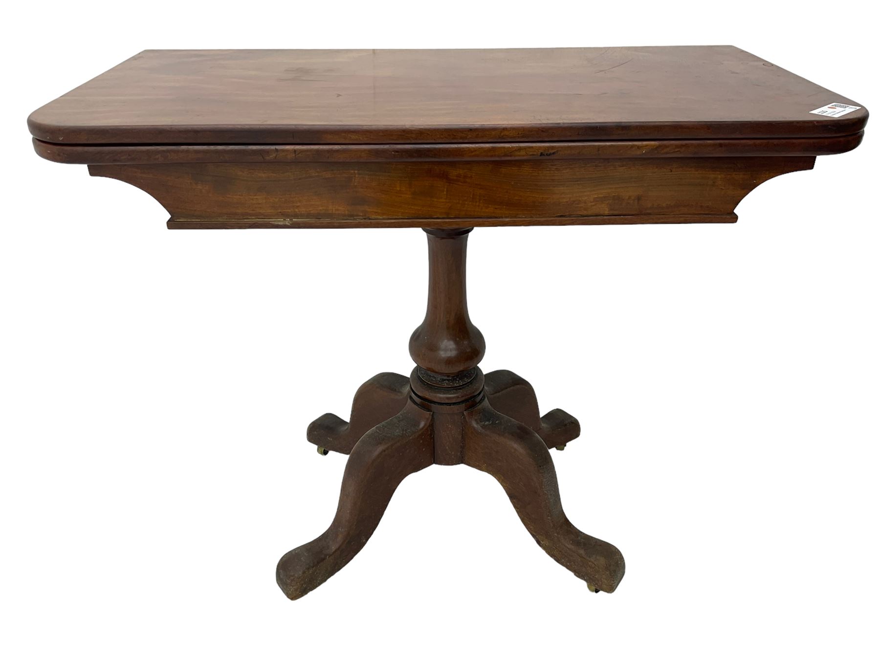 19th century mahogany table, fold-over rectangular with rounded corners, on turned vasiform column, on quadruple out splayed supports