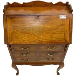 Inlaid hardwood bureau, shaped raised back over fall front inlaid with brass scrollwork, four short over one long drawer, on cabriole supports  