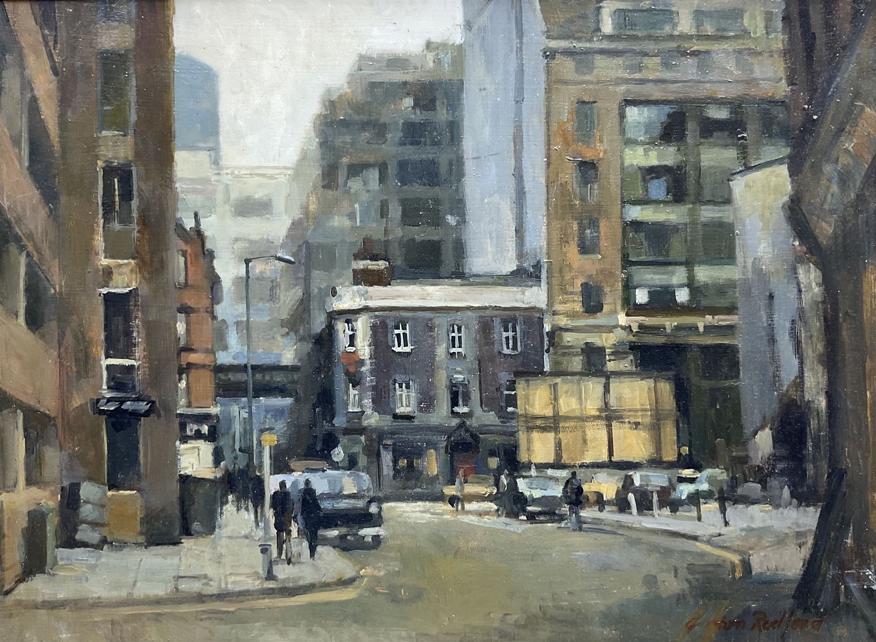 Gordon Radford (British 1936-2015): 'The Unicorn Pub - Looking Down Kelvin Street towards Church Street' Manchester, oil on board signed, titled verso 29cm x 40cm