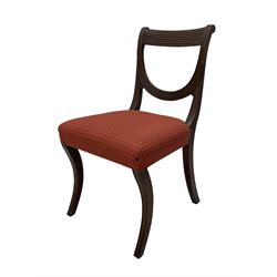 Set of six (4+2) George III design mahogany dining chairs, curved reed moulded bar back over curved and reeded middle rail, upholstered in red fabric with repeating pattern, on moulded sabre supports 