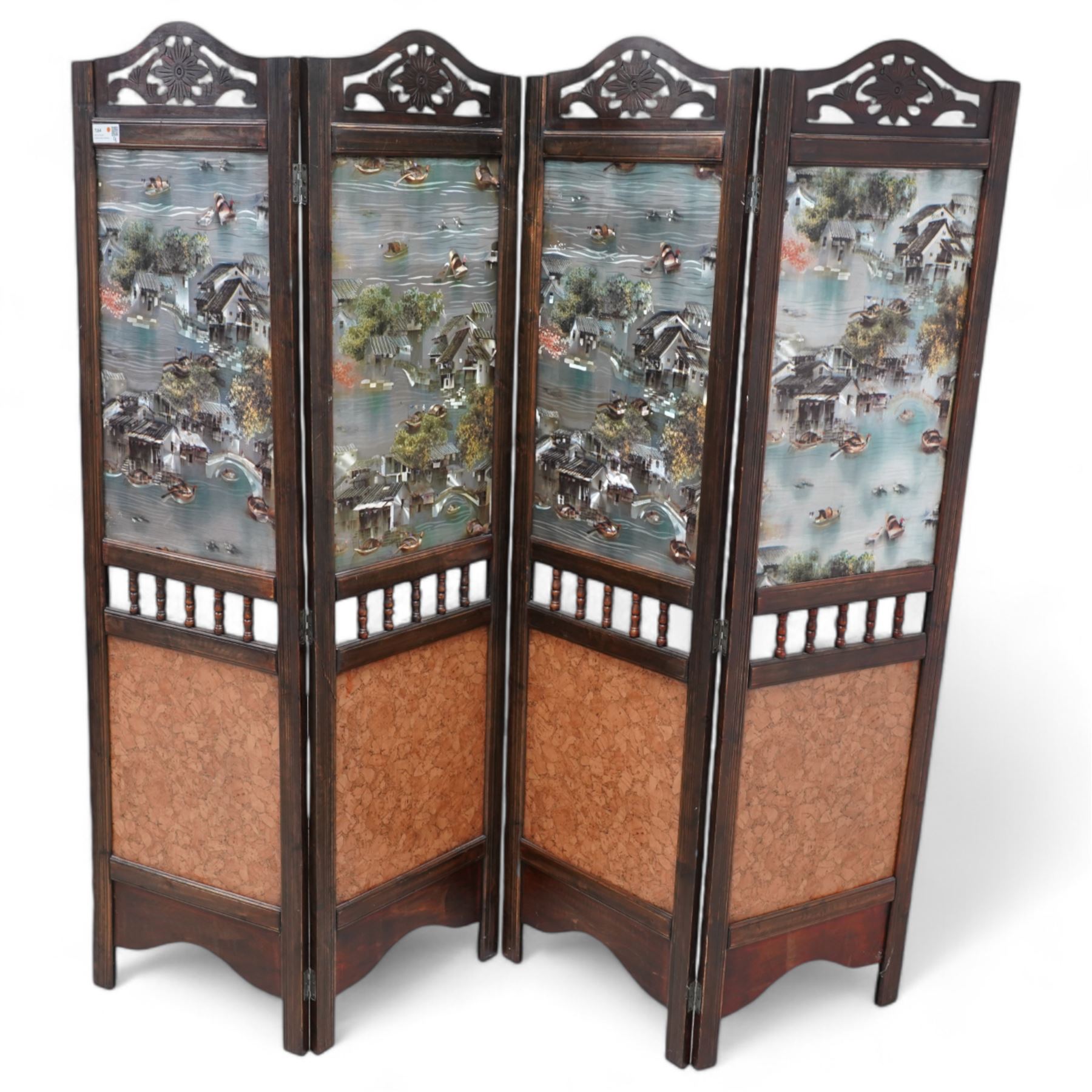 Stained pine four panel folding screen, decorated with traditional Chinese fishing scenes 