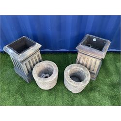 Pair of square terracotta chimney pots and two small circular planters - THIS LOT IS TO BE COLLECTED BY APPOINTMENT FROM DUGGLEBY STORAGE, GREAT HILL, EASTFIELD, SCARBOROUGH, YO11 3TX
