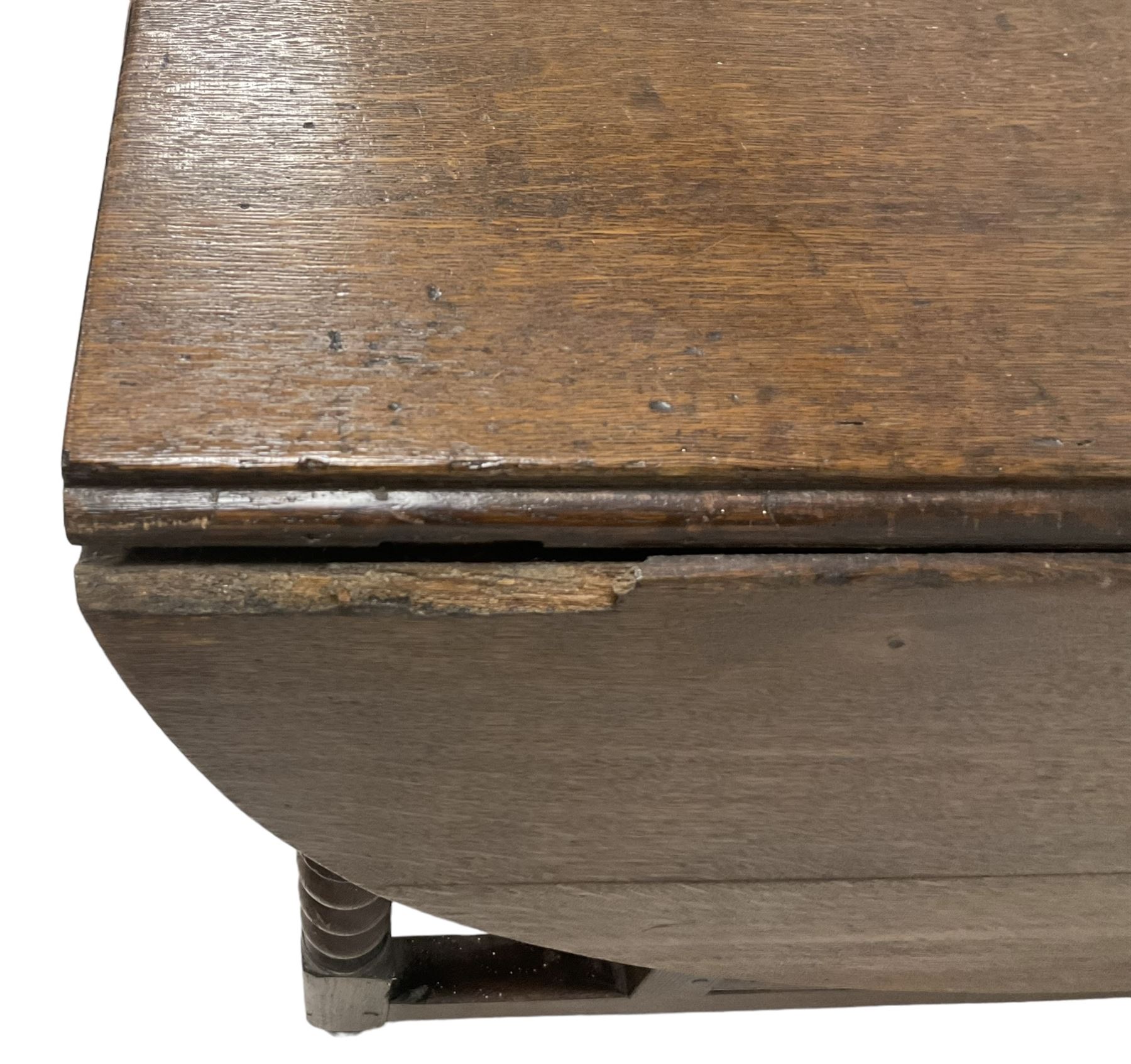 18th century country oak drop-leaf table, oval top, fitted with single drawer, raised on double gate-leg action bobbin-turned supports, united by stretchers