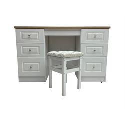 Oak and white finish twin pedestal dressing table or desk, fitted with six drawers and with stool