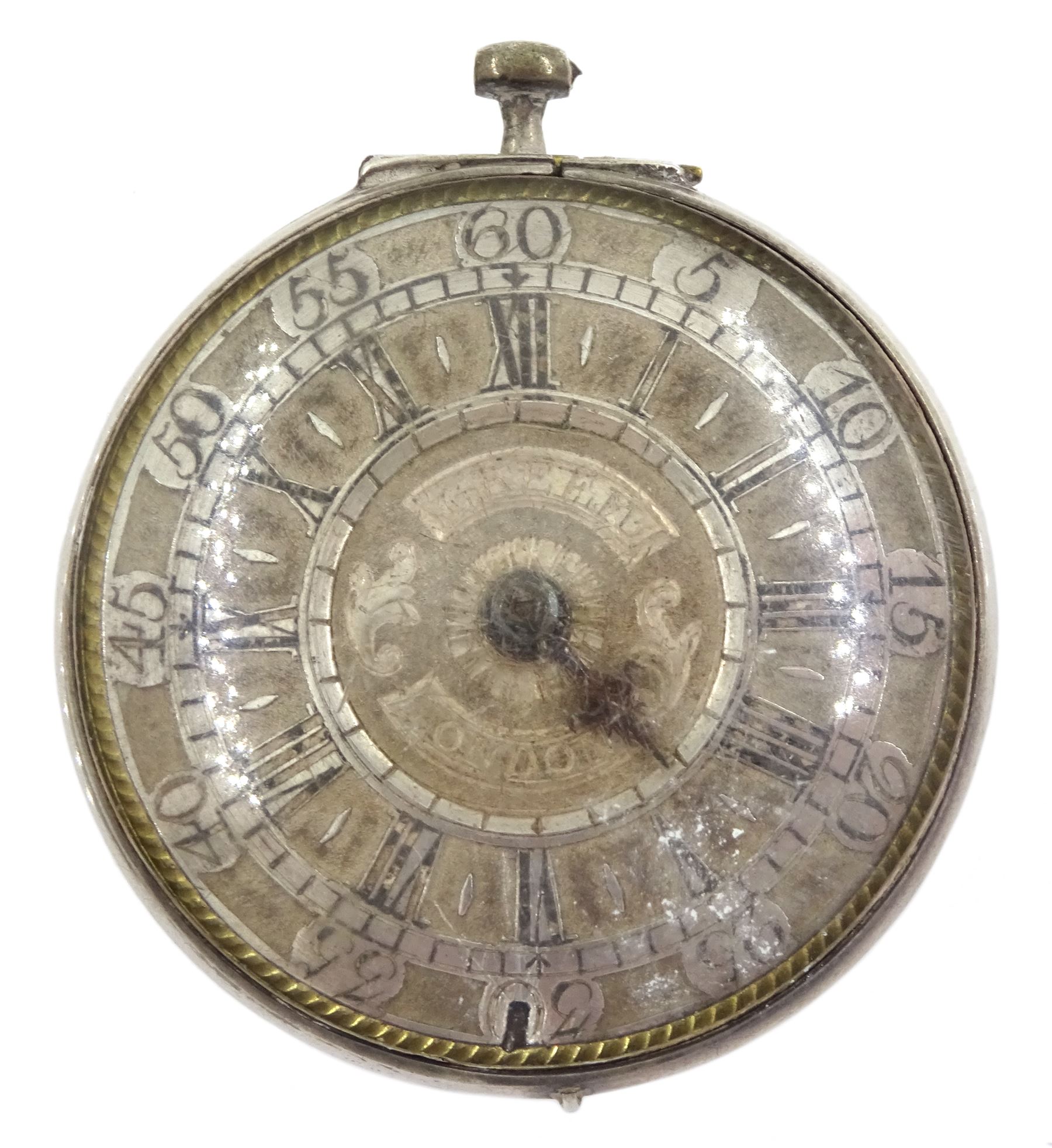 18th / early 19th century silver pair cased verge fusee pocket watch by Francis Green, London, pierced and engraved balance cock, silver champleve dial with gilt border, Roman hours and outer Arabic minute ring, dial signed Green London