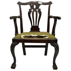 George III  elm and walnut elbow chair, shaped cresting rail over pierced and interlaced splat back, upholstered drop-in seat, on acanthus carved cabriole supports with ball and claw feet 