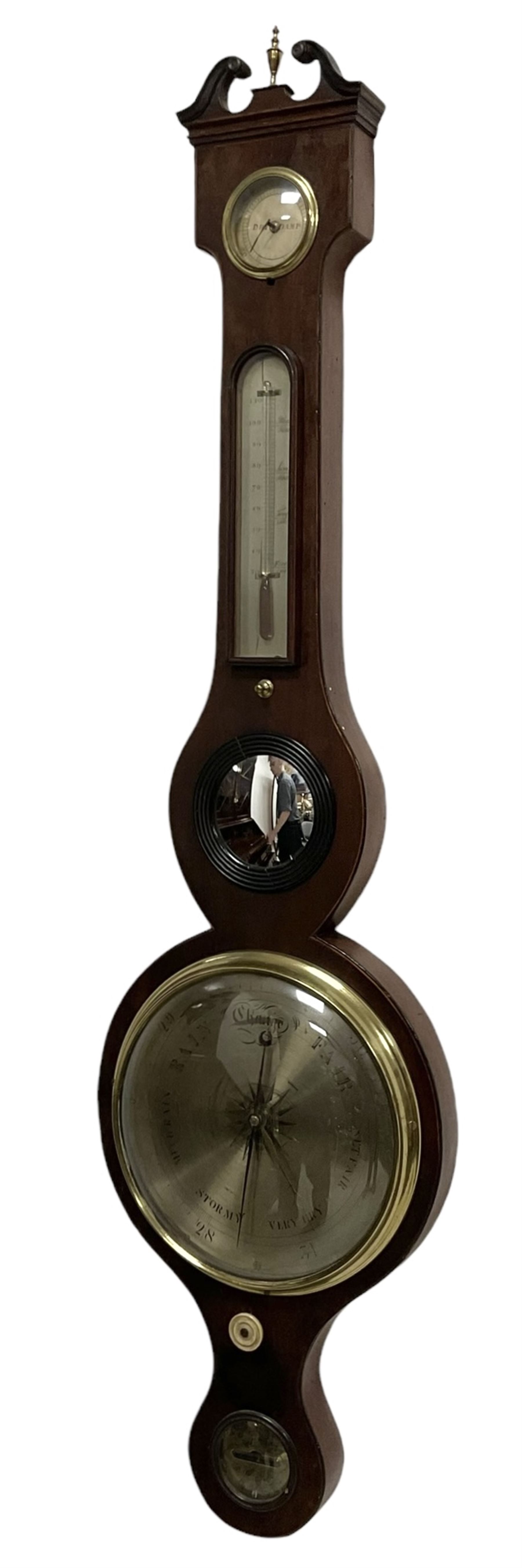 Late Victorian five glass mercury barometer - in a mahogany case with a swans necked pediment and finial , with an 8