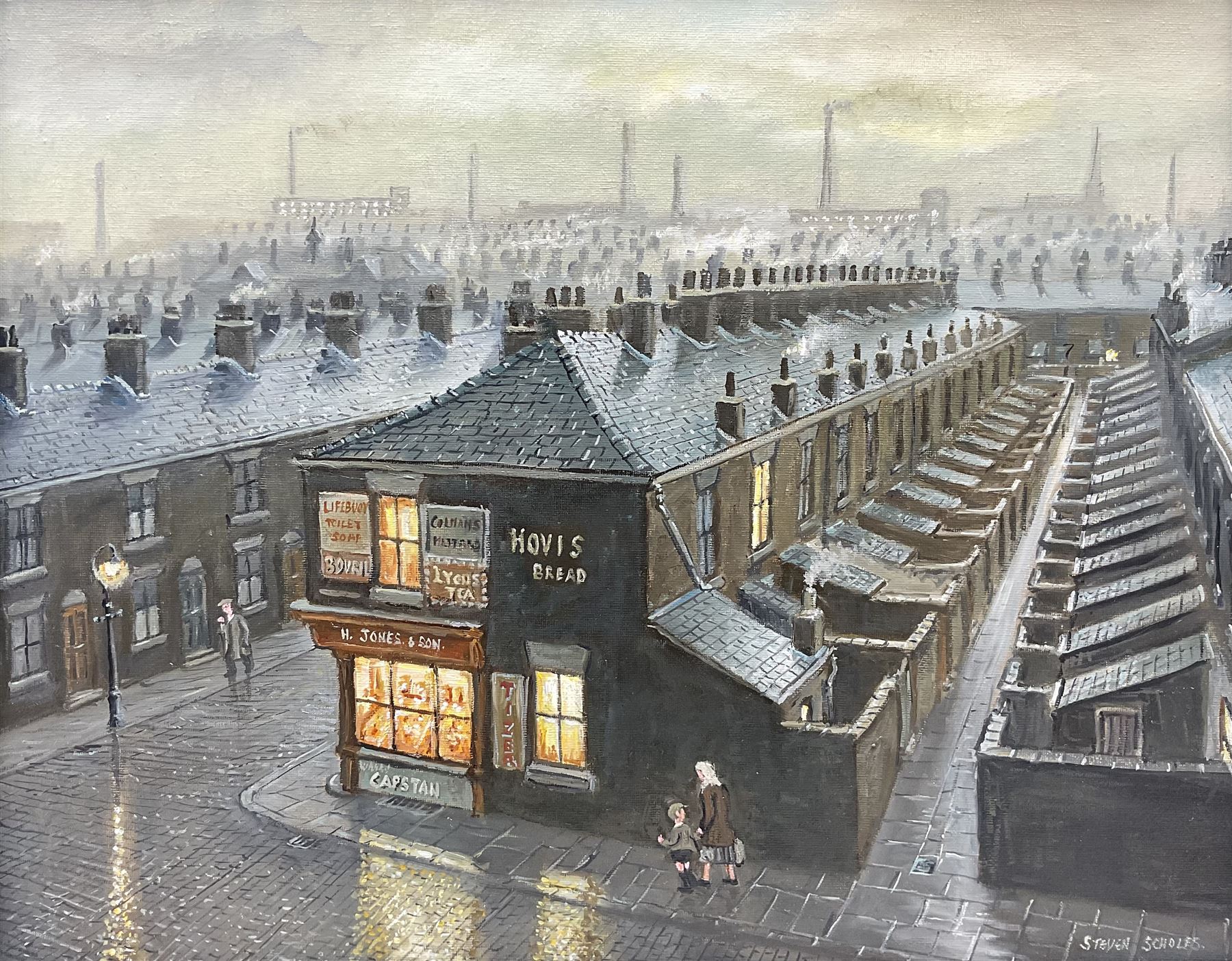 Steven Scholes (Northern British 1952-): 'Ancoats - Manchester 1958', oil on canvas signed, titled verso 39cm x 49cm