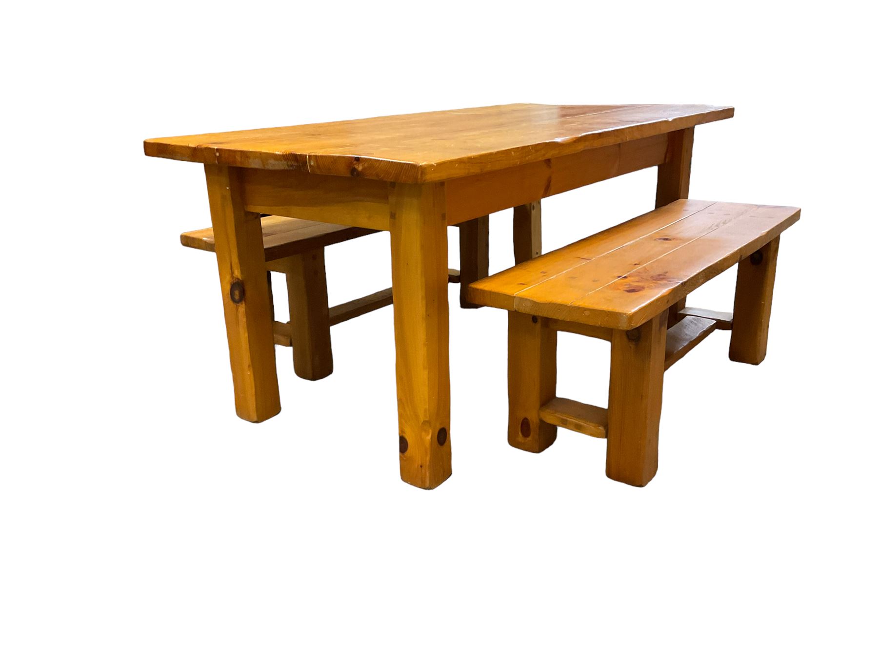 Pine dining table, rectangular plank top on square supports (181cm x 91cm, H80cm); together with two benches (133cmx 41cm, H47cm)