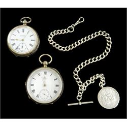 Two silver open face key wound lever pocket watches, one by American Watch Company,  case by Dennison, the other by H.Samuel, white enamel dials with Roman numerals and subsidiary seconds dial and a silver Albert chain with silver cycling fob