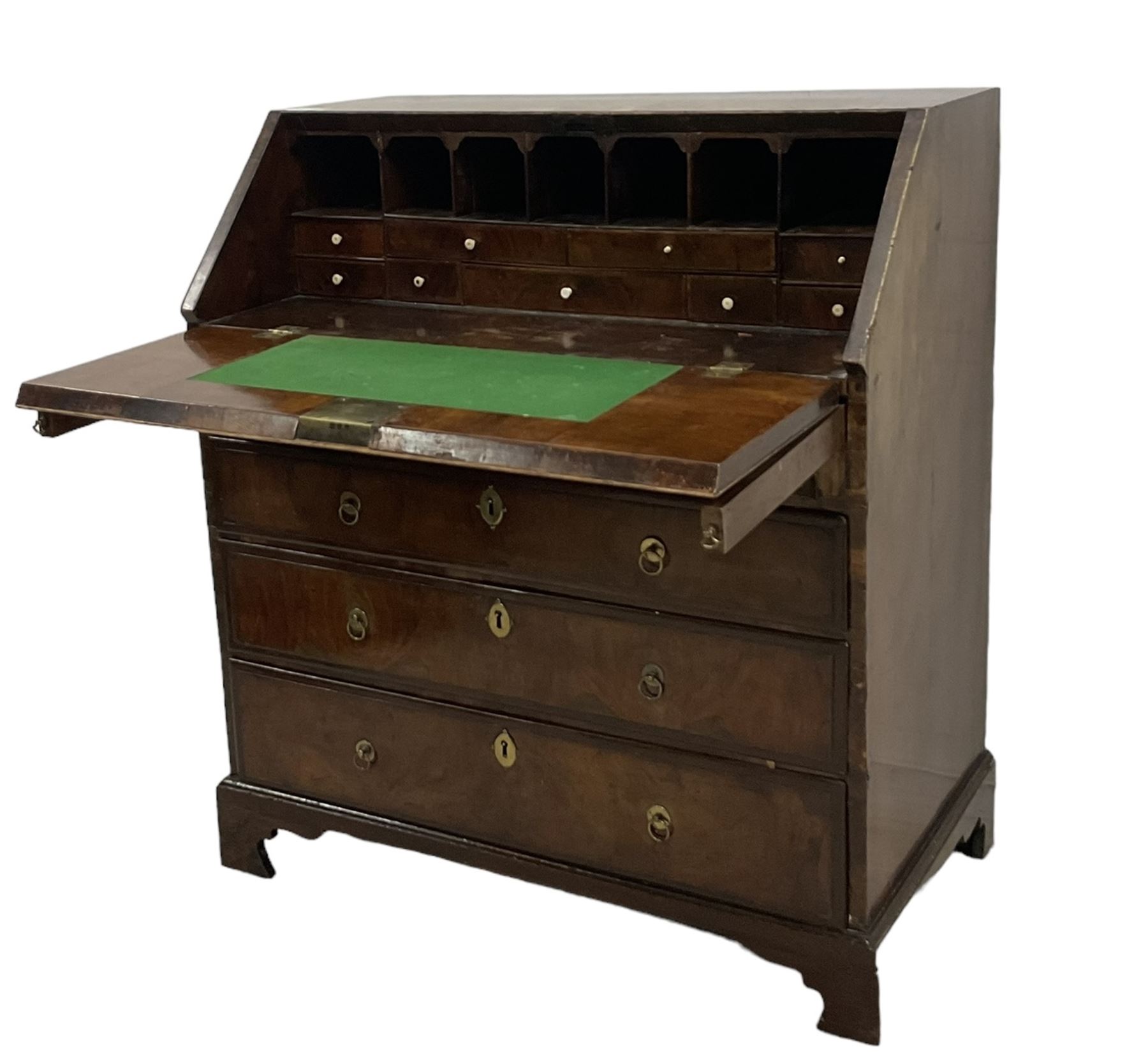 18th century walnut bureau, crossbanded and feather-banded rectangular top and fall-front, enclosing fitted interior with pigeonholes and correspondence drawers with bone handles, over two short and three long graduating drawers with moulded facias and original brass handles, on bracket feet