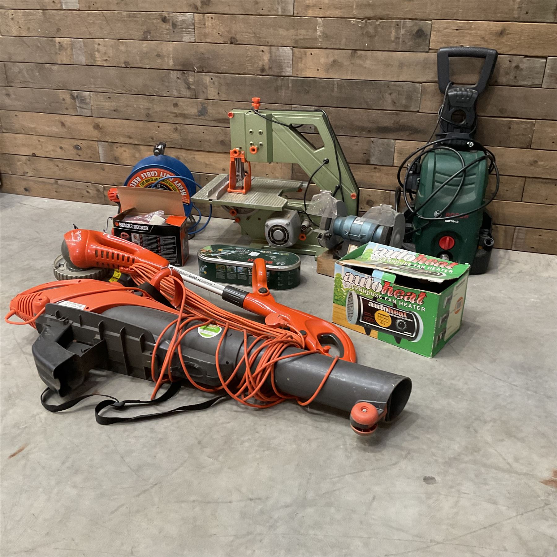 Flymo electric garden vac, DeWalt scroll saw, bench grinder, Polti steam cleaner, extension reel and other tools