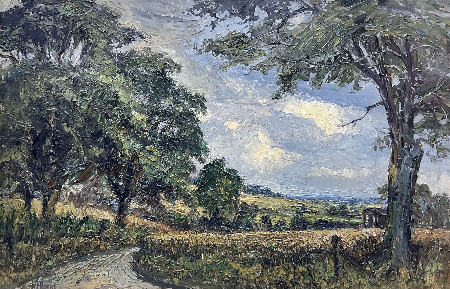 A Hunt (British Mid-20th Century): Path Between the Hayfields, oil on board signed 49cm x 75cm