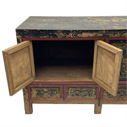 19th century Chinese Qing dynasty painted elm cupboard, Shanxi province, two double cupboards enclosed by doors painted with figure and flower heads, fitted with four small drawer, on stile supports 