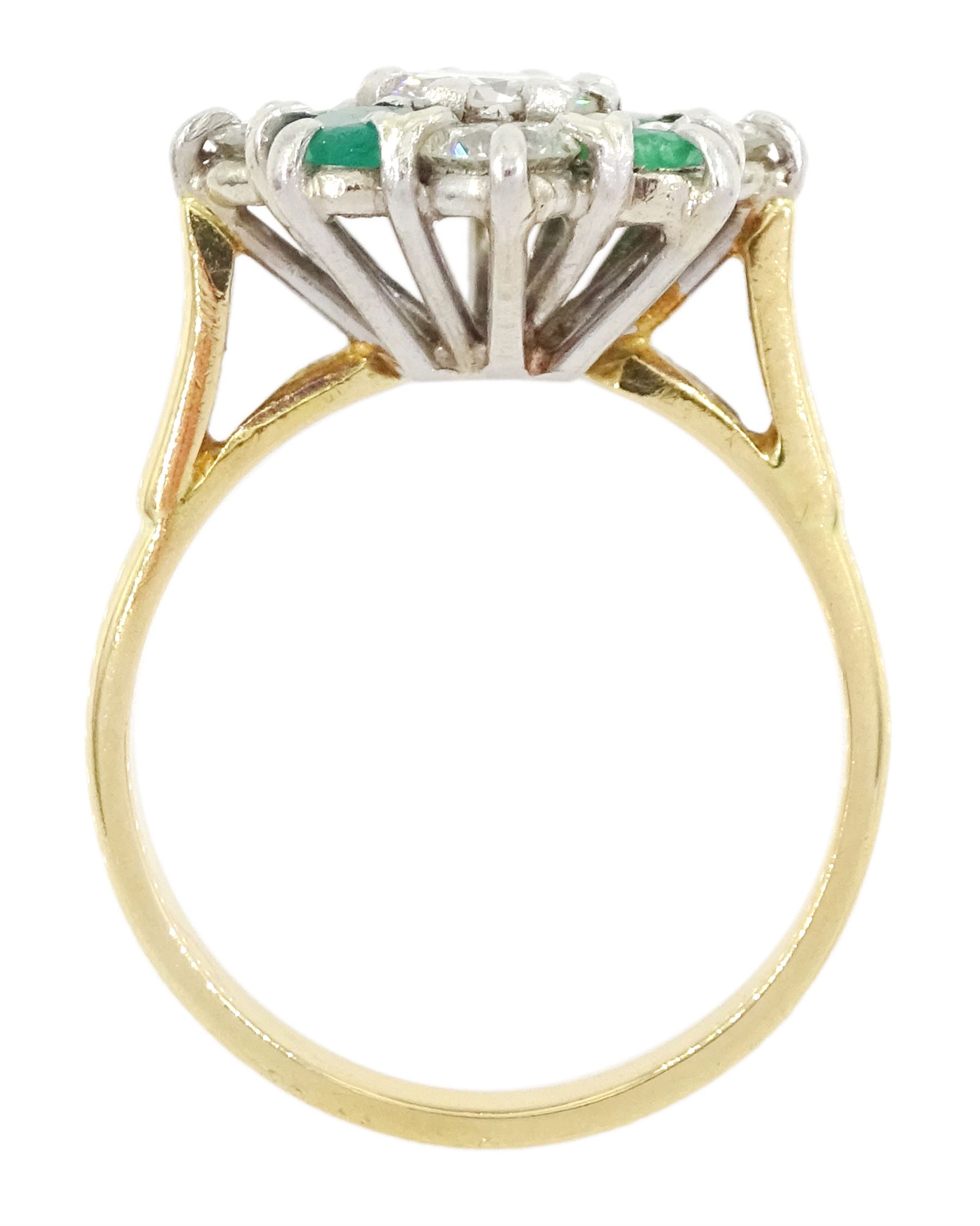 18ct gold emerald and diamond cluster ring, the central round brilliant cut diamond of approx 0.80 carat, with four stone round cut emerald and four stone round brilliant cut diamond surround, Sheffield 1977, total diamond weight approx 1.70 carat