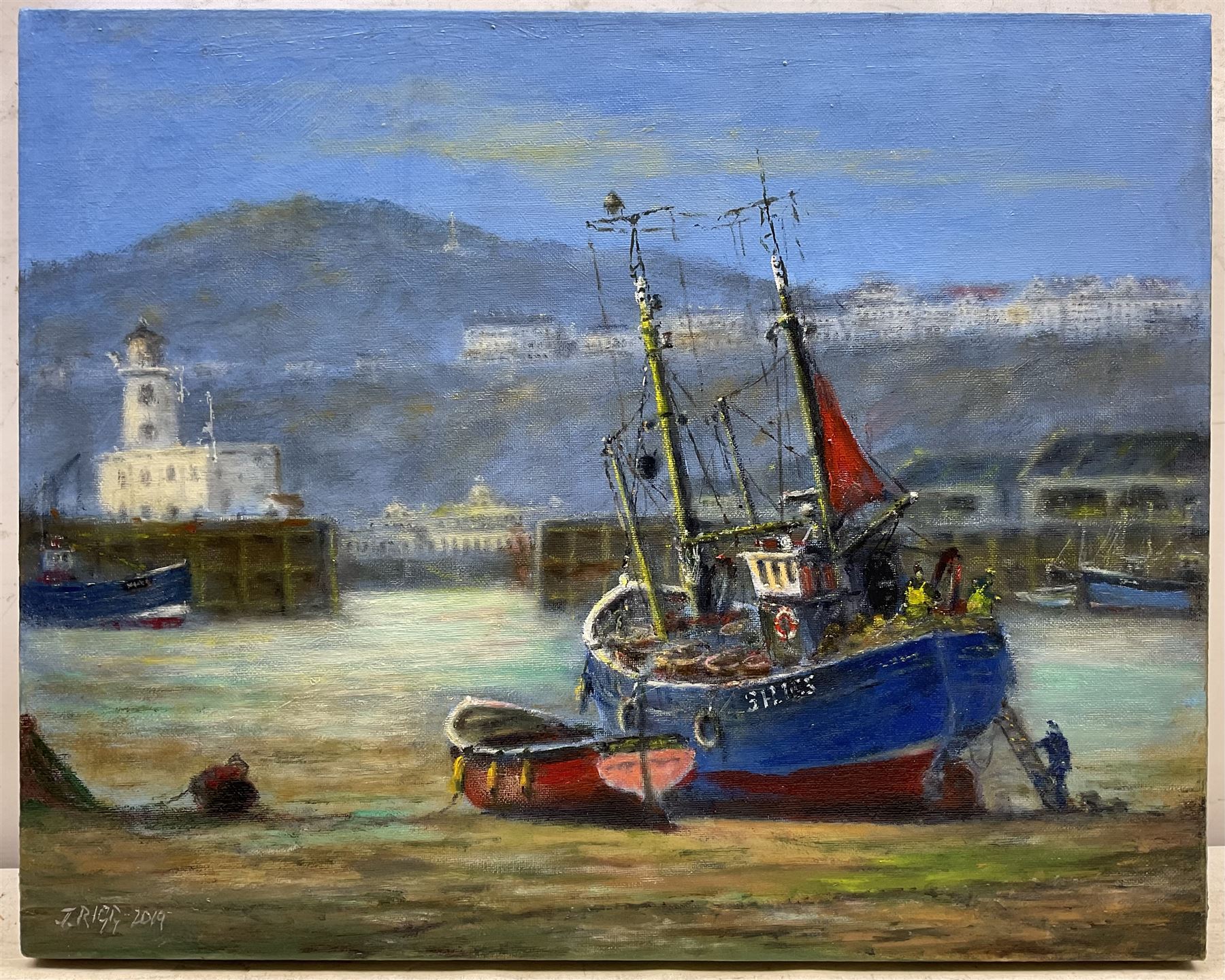 Jack Rigg (British 1927-2023): 'Spring Tide' - Scarborough Harbour, oil on canvas signed and dated 2019, titled verso 41cm x 51cm (unframed)