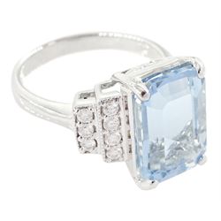 18ct white gold emerald cut aquamarine ring, with stepped design round brilliant cut diamond shoulders, stamped 750, aquamarine approx 4.90 carat, total diamond weight approx 0.30 carat