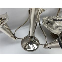 Silver plated three branch epergne, together with a silver plated cut glass claret jug, and silver plated embossed swing handled basket, epergne H30.5cm