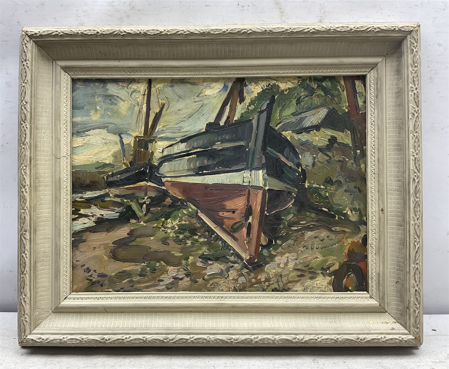 Manner of Enslin Hercules Du Plessis (South African 1894-1978): Boats on the Shore, oil on board unsigned 28cm x 38cm; French School (Mid 20th century): On the Harbourside, oil on canvas indistinctly signed 23cm x 32cm (2)