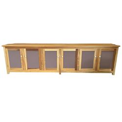 Large beech sideboard dresser, fitted with six doors with painted panels