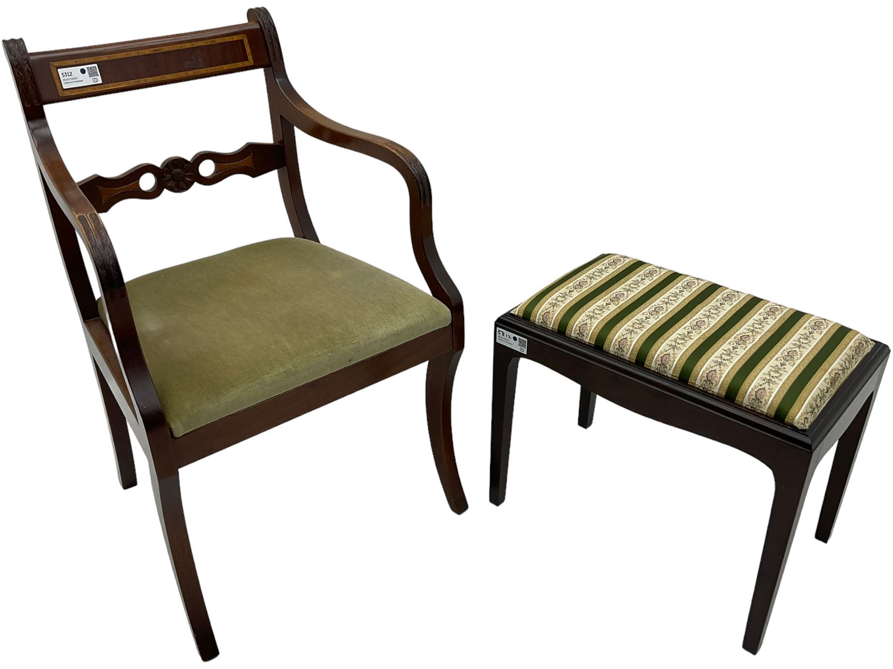 Georgian design mahogany framed elbow chair (W55cm); rectangular stool with upholstered drop-in seat (2)