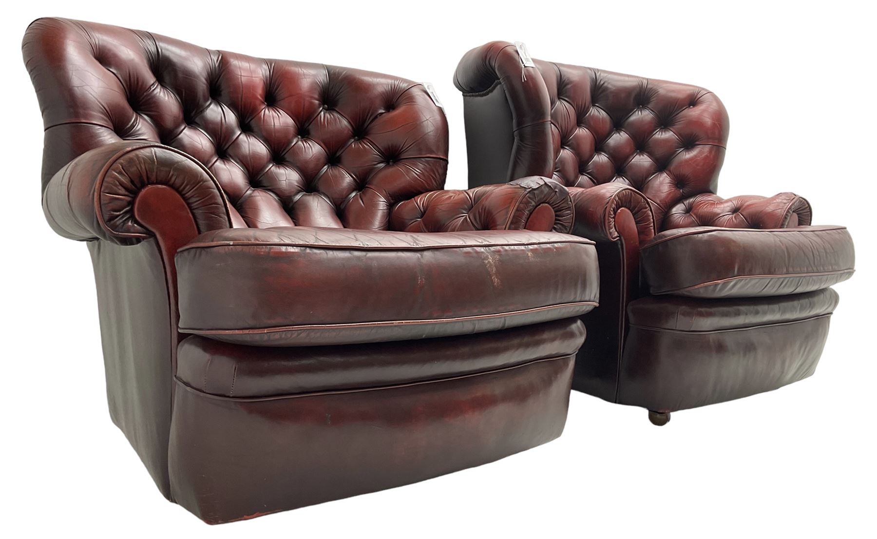 Wade - pair of Georgian design armchairs, high curved back and scrolled arms upholstered in deep buttoned oxblood 'Pegasus' leather, on castors