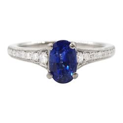 Platinum oval cut Ceylon sapphire ring, with milgrain set diamond shoulders, hallmarked, s...