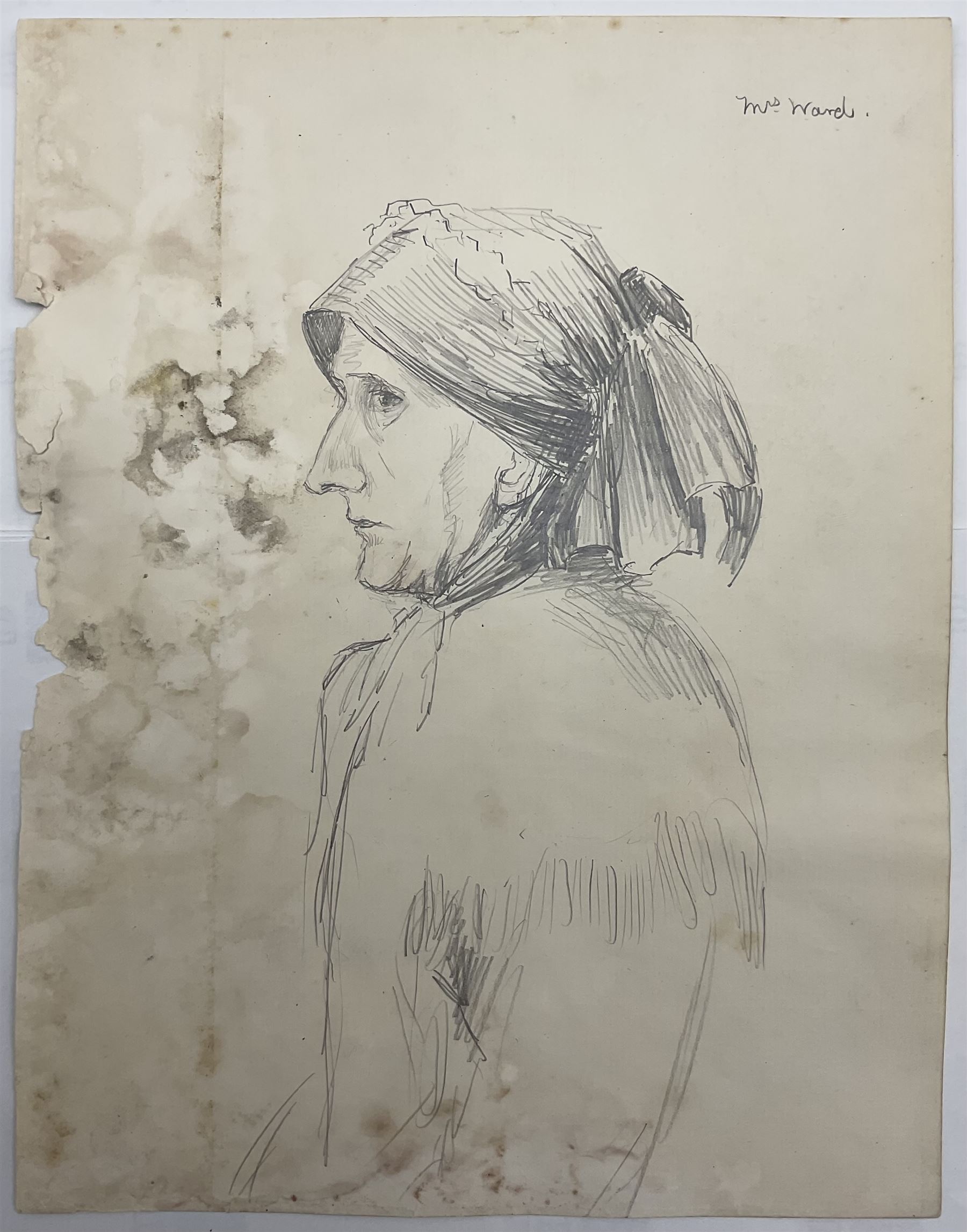 Attrib. Harold Knight (Staithes Group 1874-1961): 'Maggie Ward Verrill' 'Mrs Hannah Ward' et al., six pencil sketches unsigned some titled 26cm x 20cm (6) (unframed) 
Provenance: Hannah Ward was the vendor's great great grandmother and Margaret Verrill, Hannah's daughter. The Ward/Verrill families who lived in Gun Gutter and Church Street Staithes, had connections with Harold Knight. Hannah who owned three or four cobles and several properties in Staithes probably features in several of Knight's paintings.