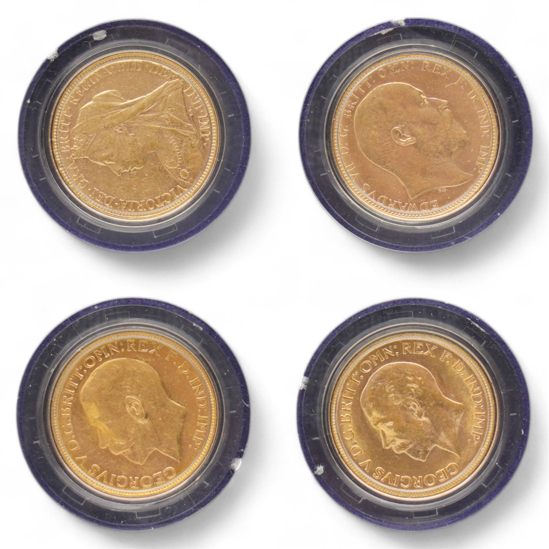 'Australia's Prestige Gold Sovereign Collection' comprising four gold full sovereign coins dated Queen Victoria 1899 Perth mint, King Edward VII 1908 Perth Mint, King George V 1918 Perth Mint and 1929 Perth Mint, cased