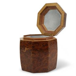 Early 20th century burr elm, ebony and boxwood string inlaid caddy, with hinged cover, H14cm